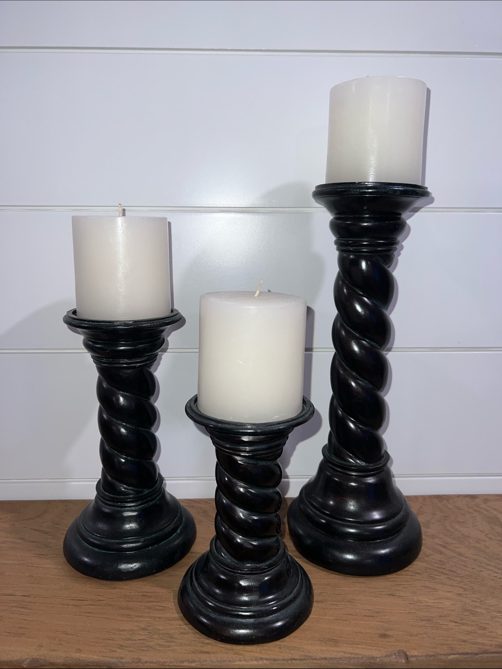 Vintage Classic Black Twisted Wood Candlestick Set with White Pillar Candles